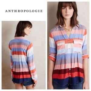 Anthropologie Maeve Wynwood 10 Medium Shirt Top Tunic Button Down Stripe Vibrant
